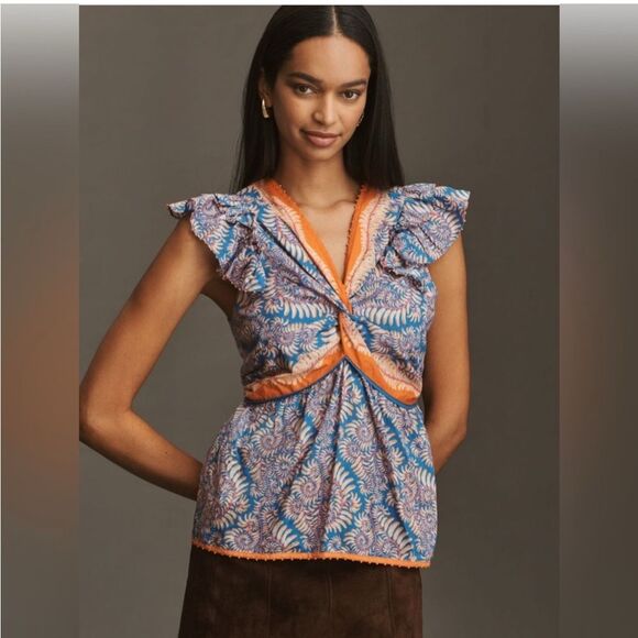 FARM Rio Tops - FARM Rio for Anthropologie NWT Flutter Sleeve Top Blouse in Blue Flora Size XS